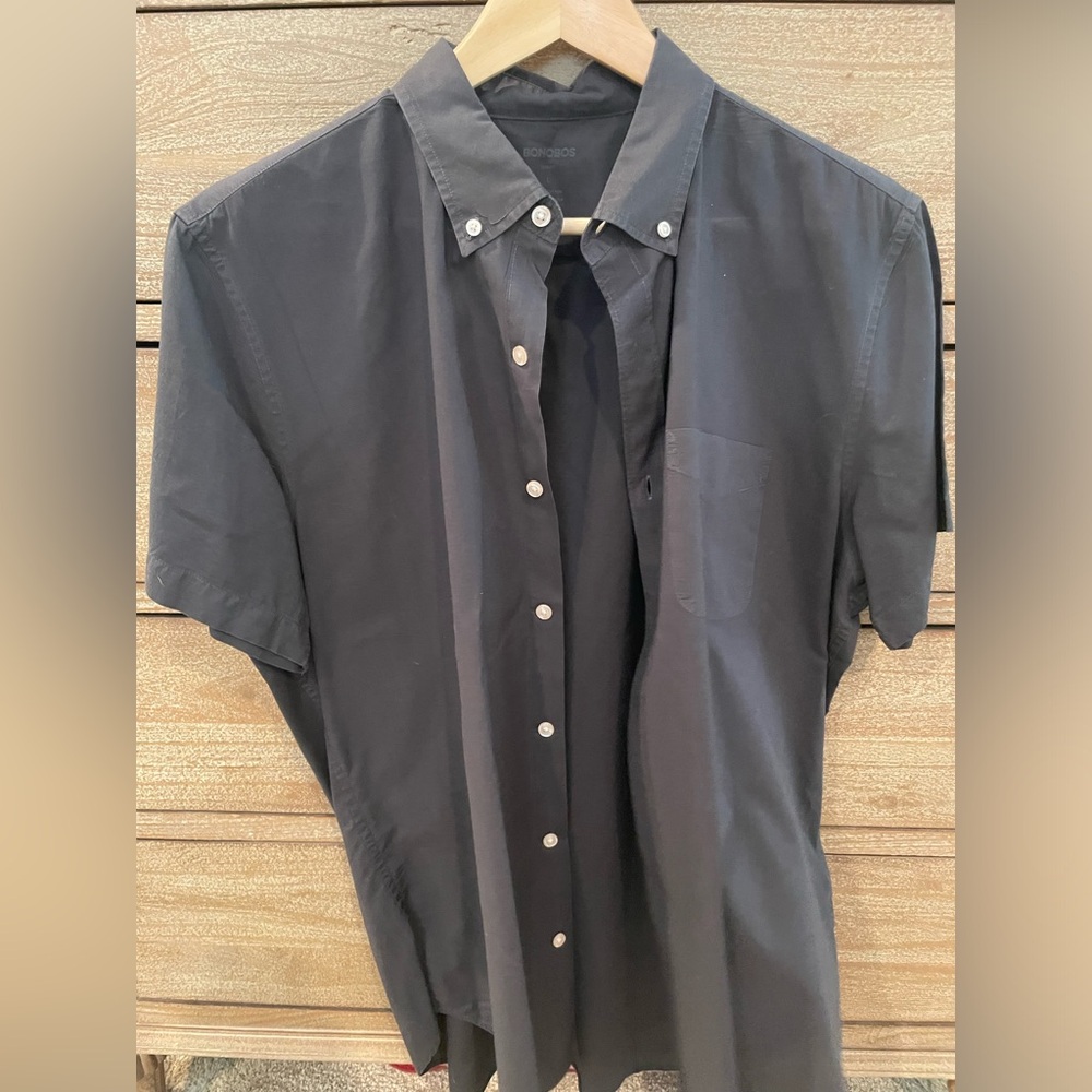 BONOBOS Short Sleeve Button-Up Shirt Slim Fit Black Large